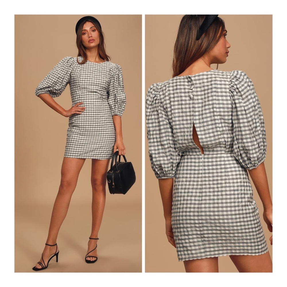 Lulu’s Checks Appeal Black Gingham Seersucker Puff Sleeve Mini Dress